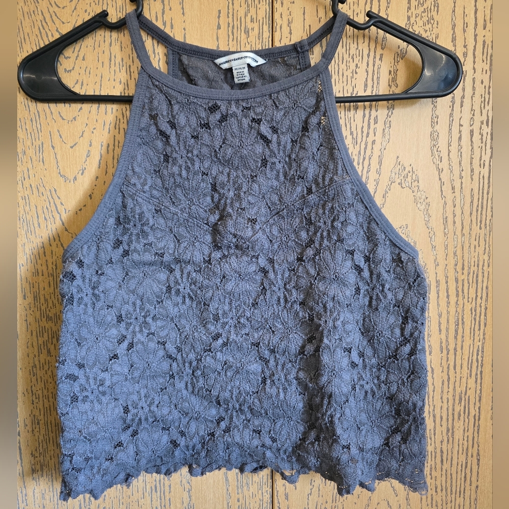 American Eagle Outfitters Gray Lace Crop Tank Top